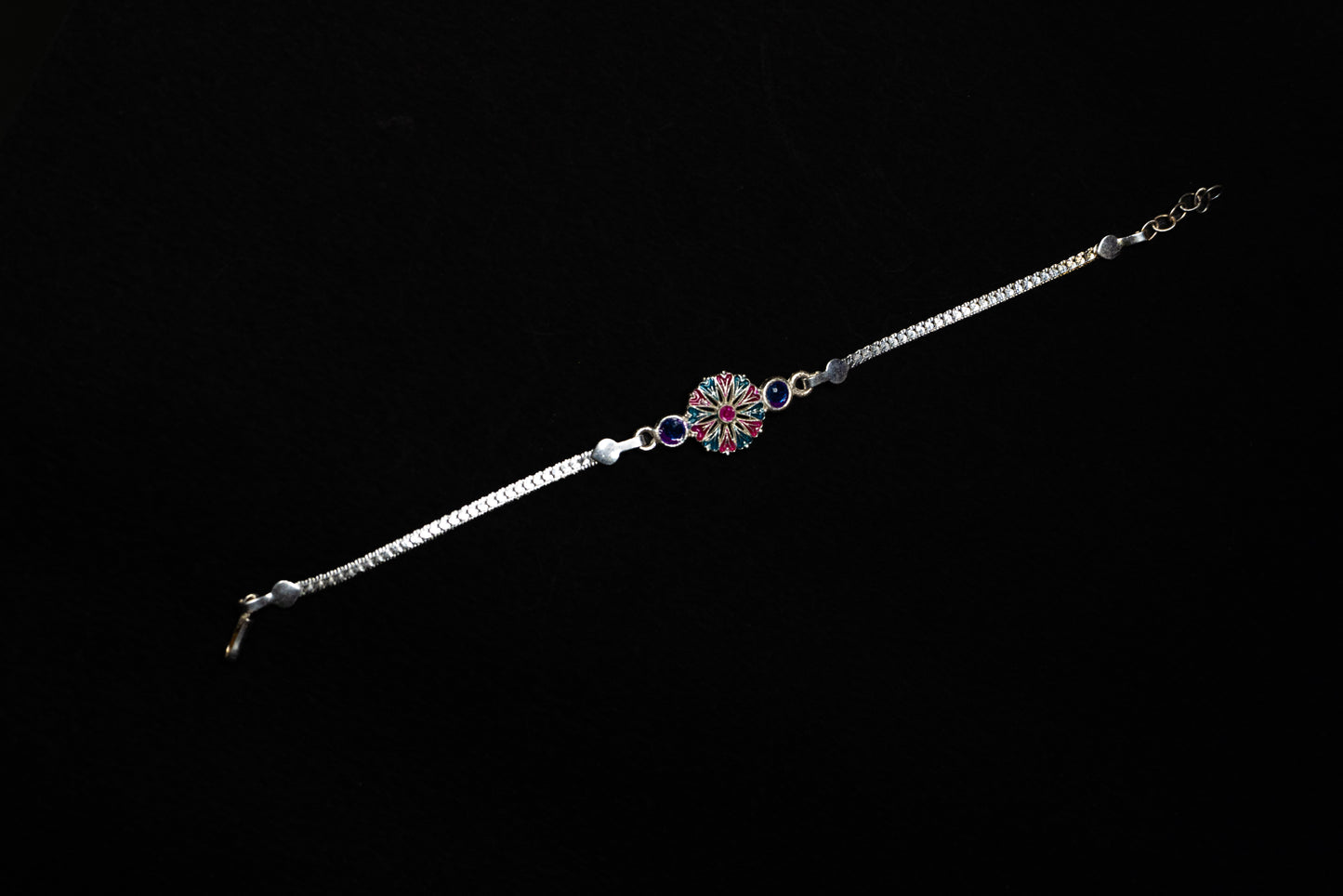 Crimson Teal Blossom 0.01 Carat Lab-Grown Diamond 925 Silver Rakhi